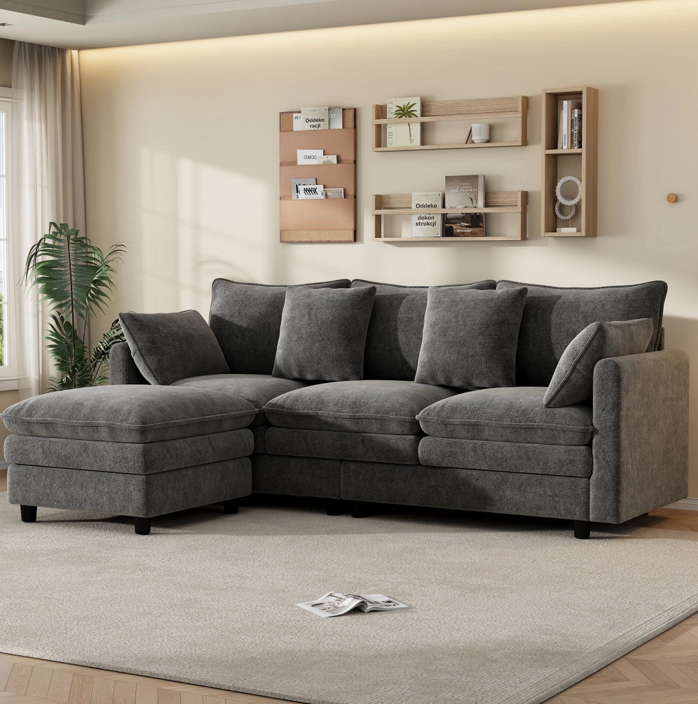 Divano angolare a L in Chenille grigio con chaise longue mobile