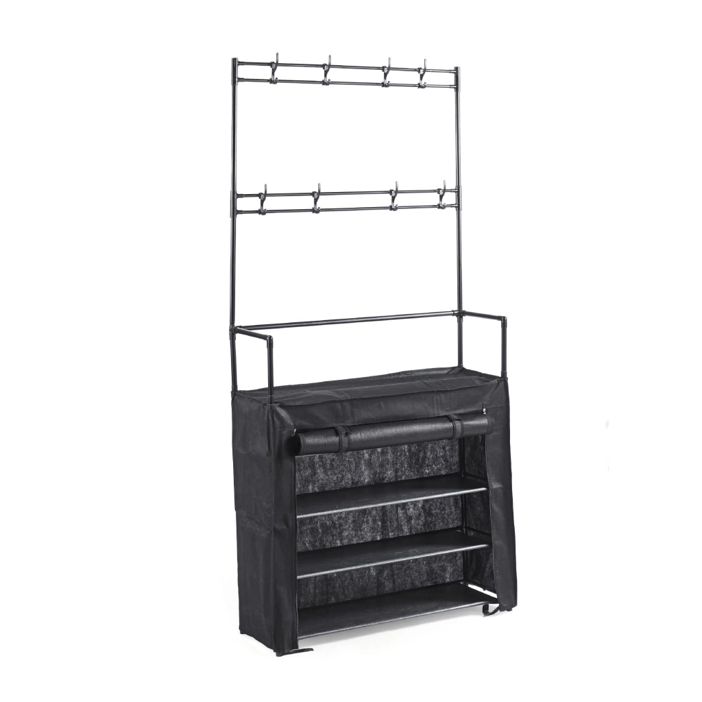 Scarpiera con Appendiabiti Salvaspazio 60/80x26x168 cm, Armadio Portascarpe in Metallo con 10 Ganci, Mobile Ingresso Rivestito in Tessuto Nero, Organizzatore per Ingresso e Camera 80x26x168-Nora