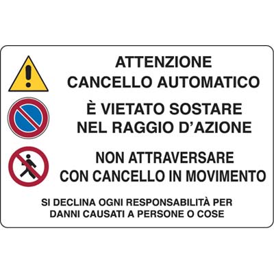 TARGA SEGNALETICA ATTENZIONE CANCELLO AUTOMATICO - PP CM 30X20- 10 pezzi