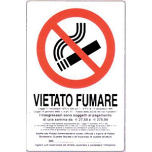 TARGA SEGNALETICA VIETATO FUMARE NORME LEGGE - PP CM 20X30- 10 pezzi