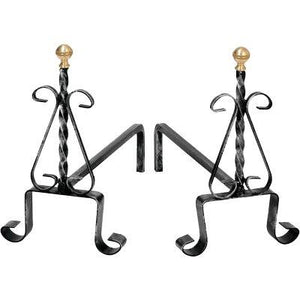 ALARI CAMINO TORTIGLIONE + RICCI - FERRO BATTUTO + POMI OTTONE CM 35 H.CM 30 CF=PZ 2- 1 confezioni