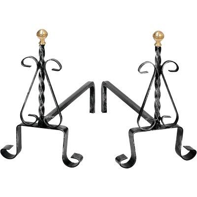 ALARI CAMINO TORTIGLIONE + RICCI - FERRO BATTUTO + POMI OTTONE CM 35 H.CM 30 CF=PZ 2- 1 confezioni