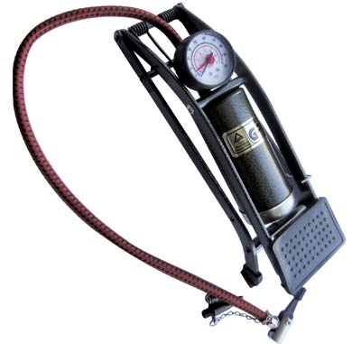 POMPA GONFIAGGIO A PEDALE  ACCIAIO + MANOMETRO E ADATTATORI BAR MAX 5