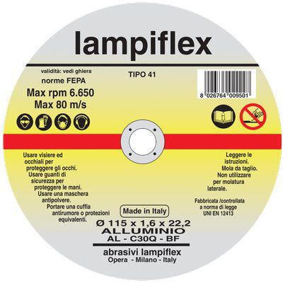 DISCO ABRASIVO TAGLIO ALLUMINIO LAMPIFLEX - MM 115X22,2 H.MM 1,6- 25 pezzi