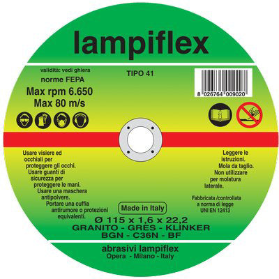 DISCO ABRASIVO TAGLIO GRANITO LAMPIFLEX - MM 115X22,2 H.MM 1,6- 25 pezzi