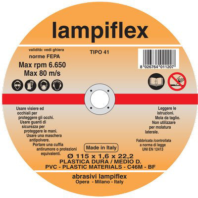 DISCO ABRASIVO TAGLIO PVC LAMPIFLEX - MM 115X22,2 H.MM 1,6- 25 pezzi