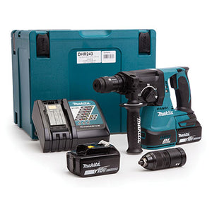 MARTELLO TASSEL SCALPELL BATTERIA DHR243RTJ MAKITA - VOLT 18X2 AH 5,0 SDS PLUS + VALIGIA