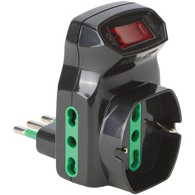 ADATTATORE TRIPLO 10A16A+SCHUKO FME  NERO 2P+T + INTERRUTTORE TERMICO