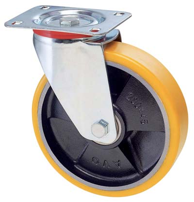 RUOTA A FORCELLA GIREVOLE 22 AVO  A/ZINCR/POL.GIAL D/GHISA D.MM 100X25 P.MM 100X85