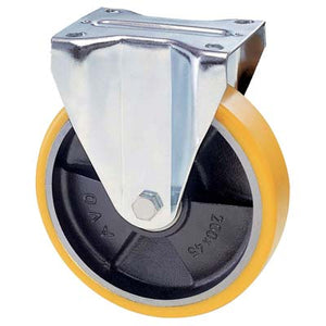 RUOTA A FORCELLA SU PIASTRA 22A AVO  A/ZINCR/POL.GIAL D/GHISA D.MM 150X30 P.MM 100X85