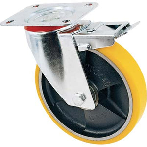 RUOTA A FORCELLA GIREVOLE + FERMO 24 AVO  A/ZINCR/POL.GIAL D/GHISA D.MM 80X20 P.MM 100X85