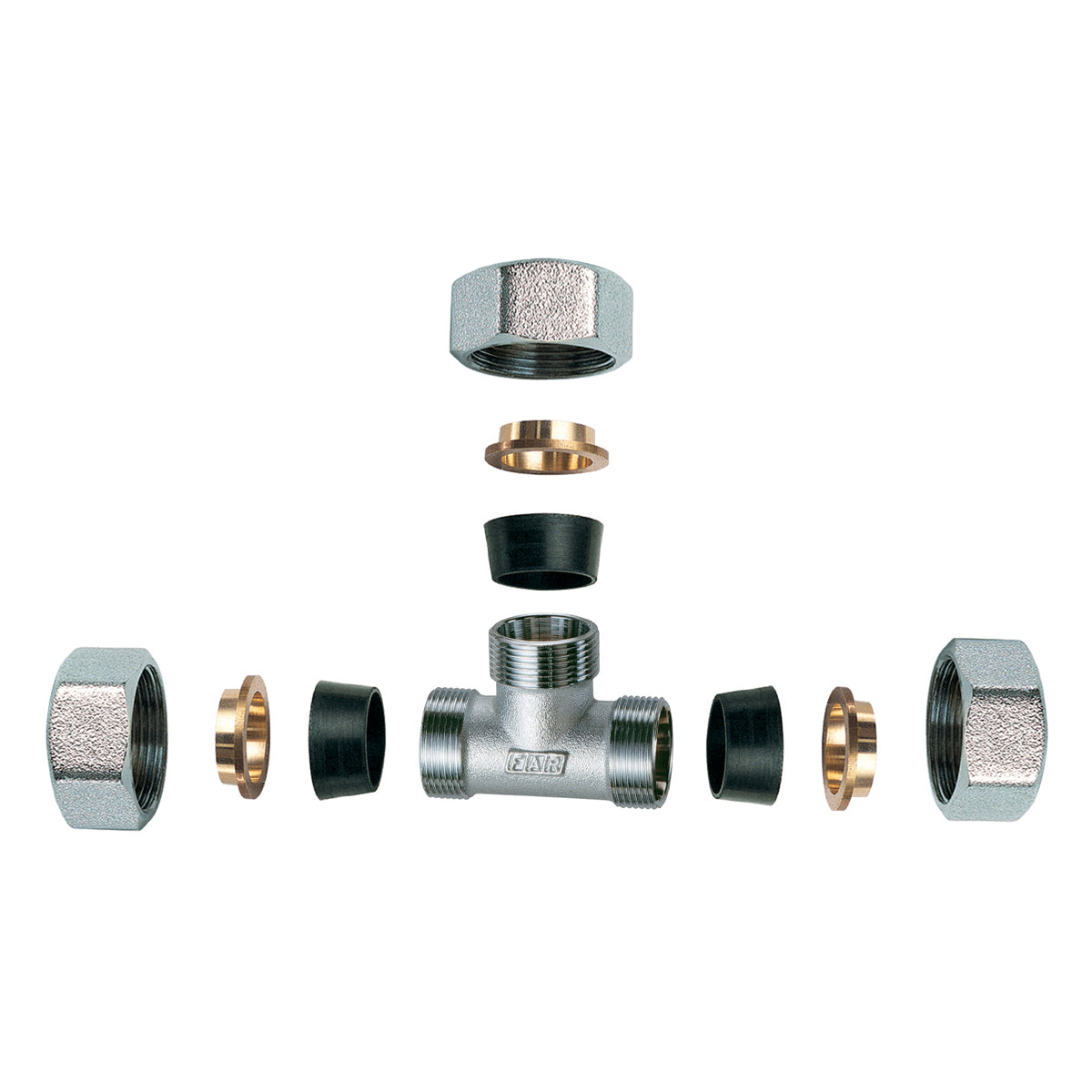 RACCORDO CROMATO A T CON 3 MONOCONI IN GOMMA PER RAME- 1/2 x 18- FAR- pezzi 1