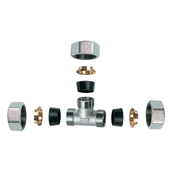 RACCORDO CROMATO A T CON 3 MONOCONI IN GOMMA PER RAME- 1/2 x 18- FAR- pezzi 1