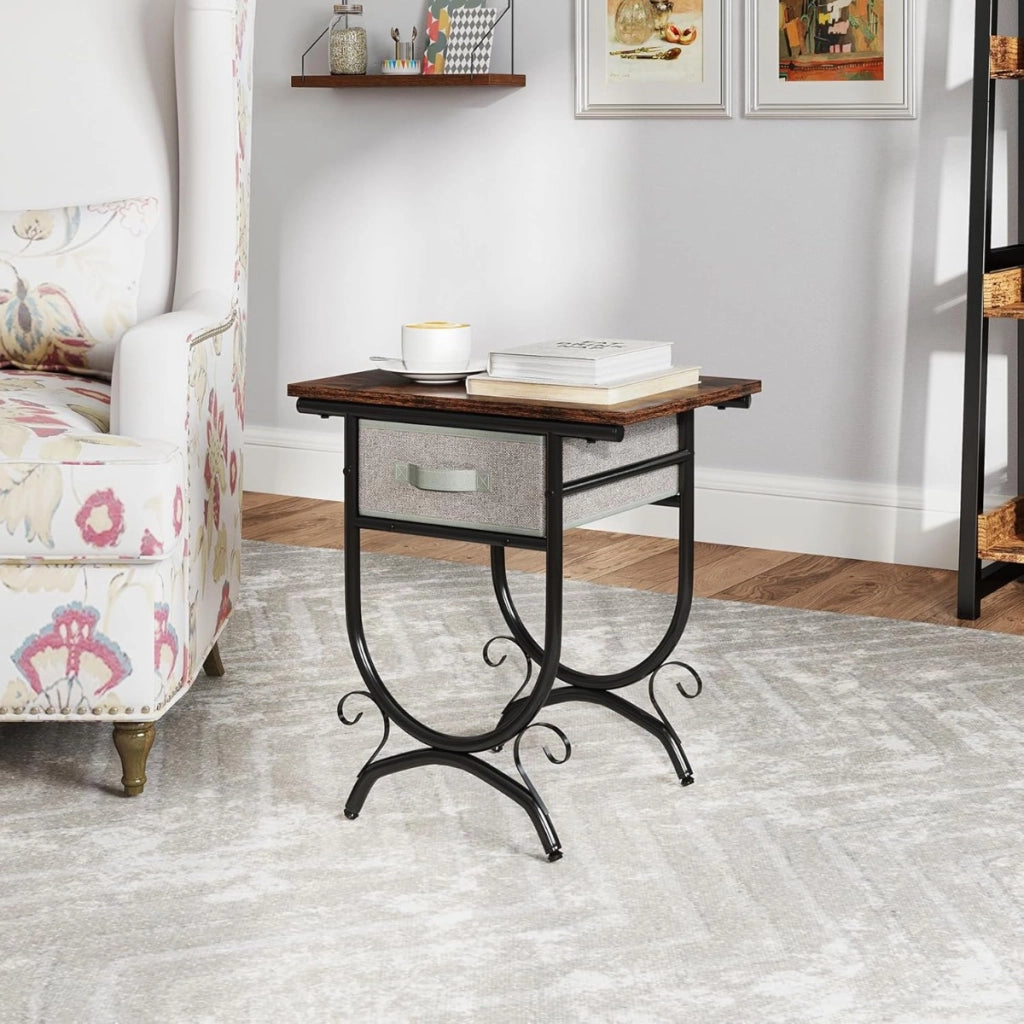 Comodino con cassetto in tessuto con piano in legno e struttura metallica-Tavolino da letto industriale a 2 ripiani Marrone scuro
