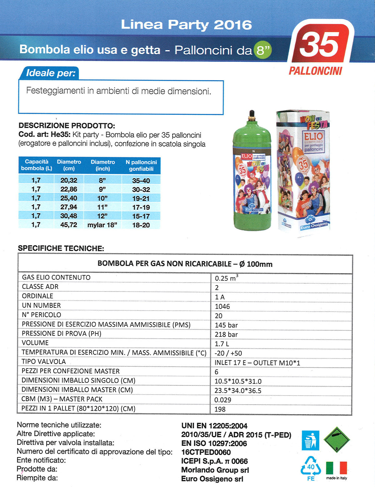 BOMBOLA ELIO CON PALLONCINI KIT PARTY- 1,7 L  - 35 palloncini- senza- pezzi 1