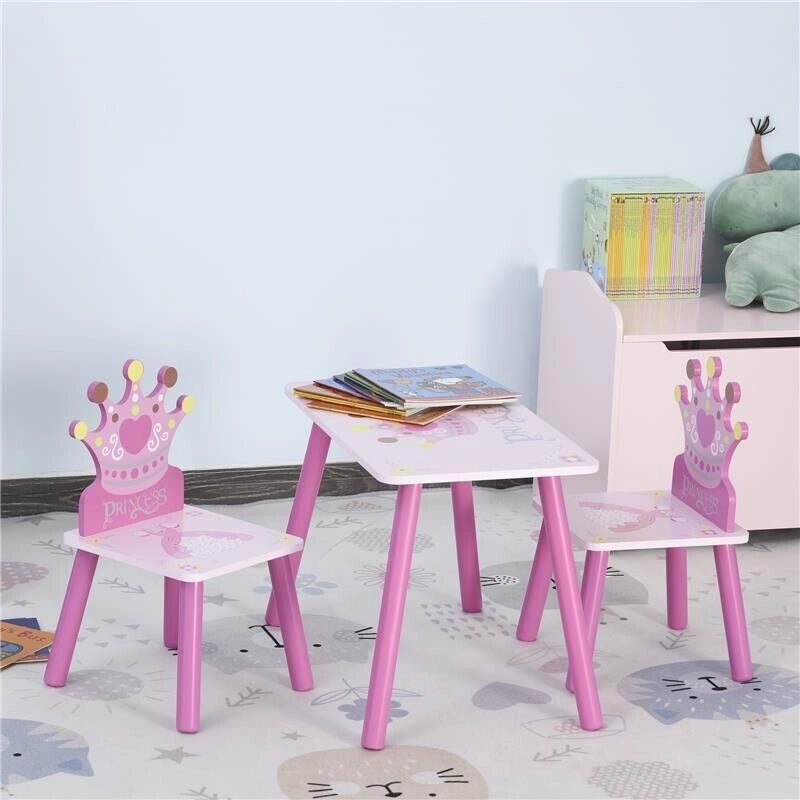 SET TAVOLO E 2 SEDIE TEMA PRINCIPESSE PER CAMERETTA BAMBINI IN LEGNO ROSA