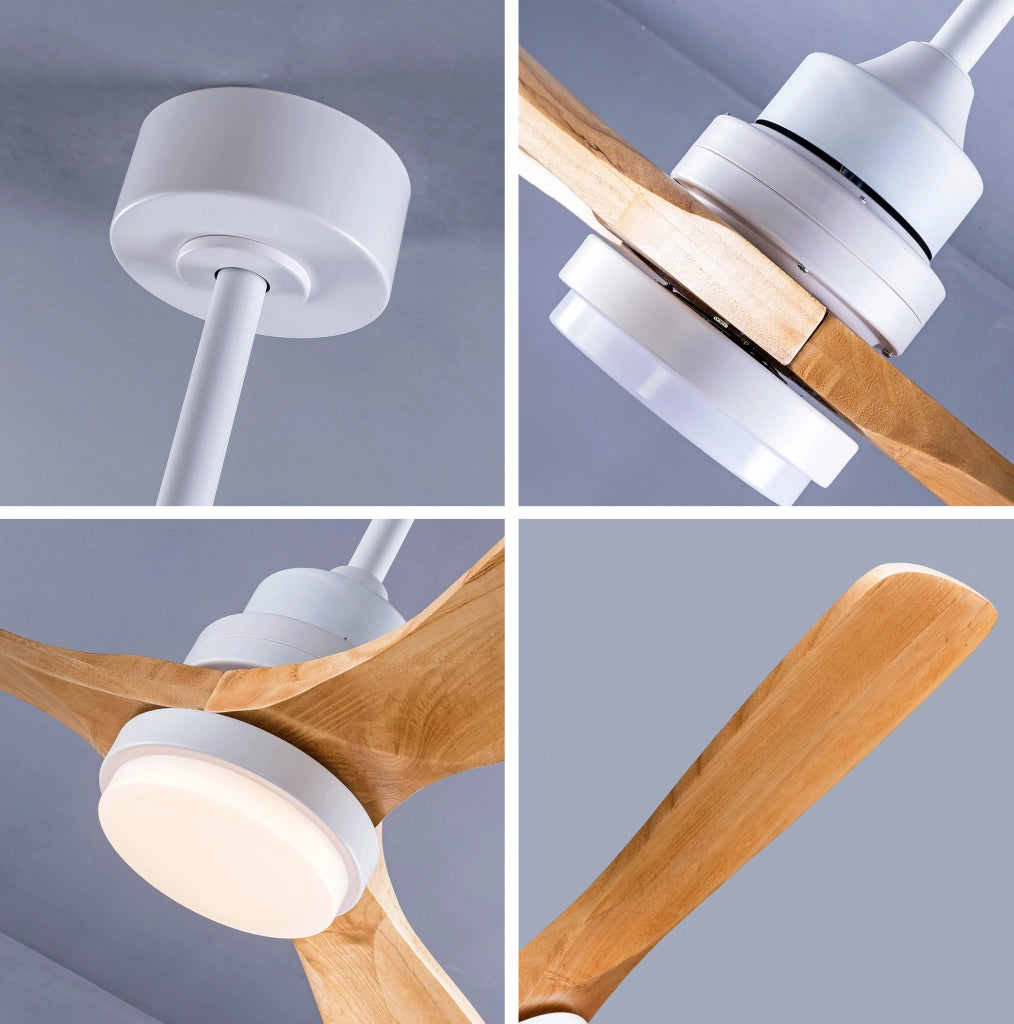 Ventilatore da soffitto con luce e telecomando; 3 pale in legno massello; bianco e naturale