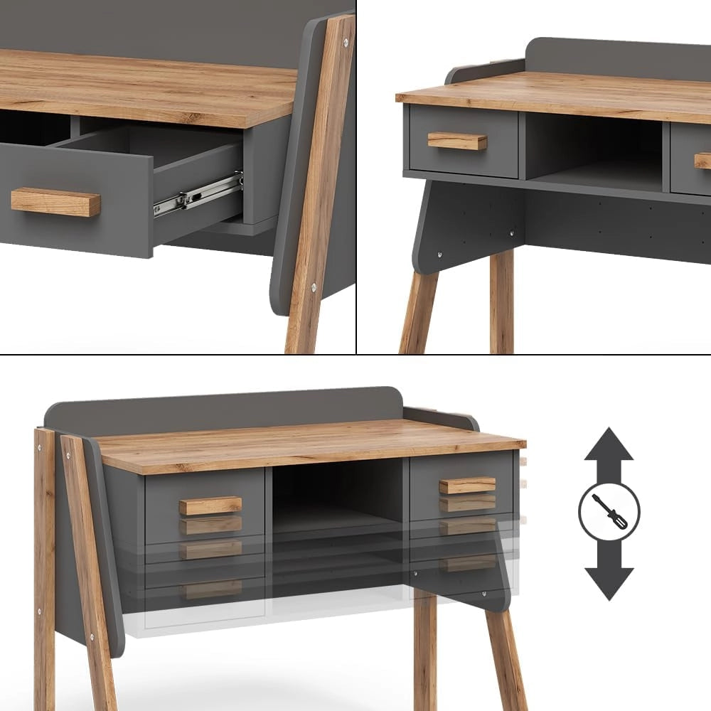Scrivania Malia, Grigio/Artisan, 97 x 51 cm con 2 cassetti, regolabile in altezza per una configurazione flessibile della postazione di lavoro