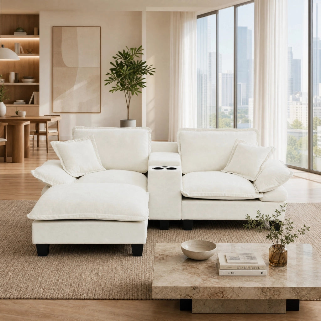 Divano modulare a L in cheniglia con USB; contenitore e portabevande beige