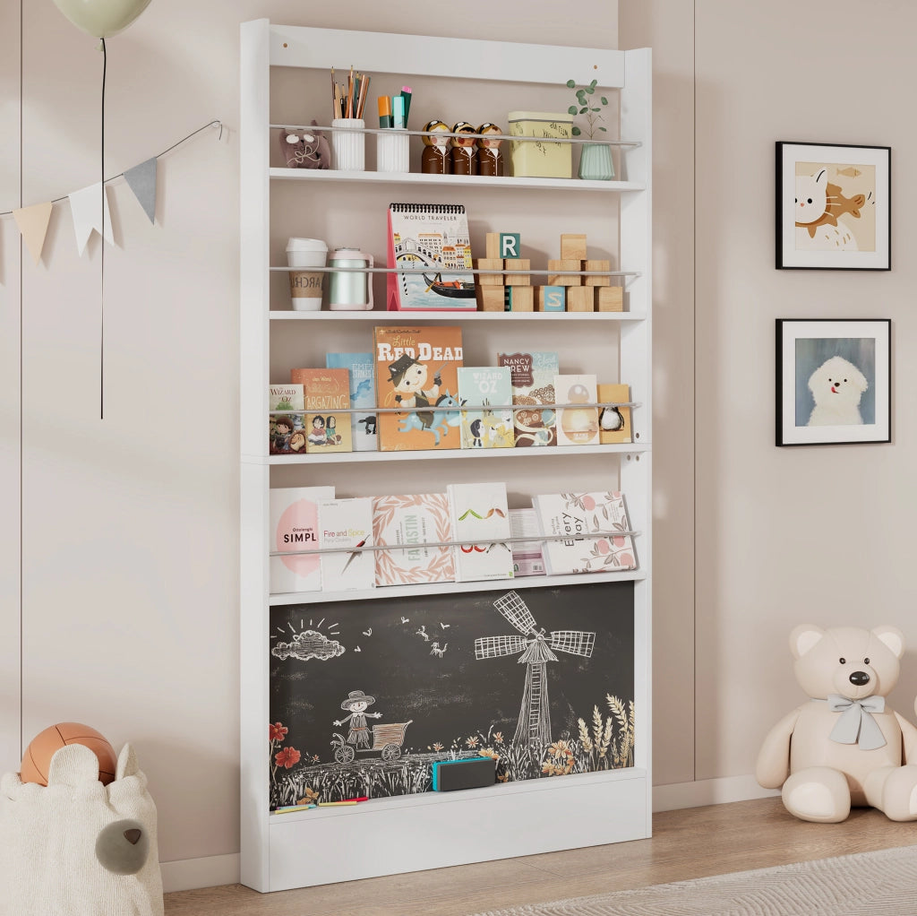 Libreria ultrasottile 100x10x180 cm con 4 ripiani e lavagna; bianca