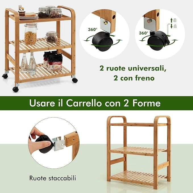 Carrello da Cucina di Bambù, Scaffale da Cucina con 3 Livelli e Ruote Staccabili, Ideale per Casa Ristorante Bar, 58x33x76 cm