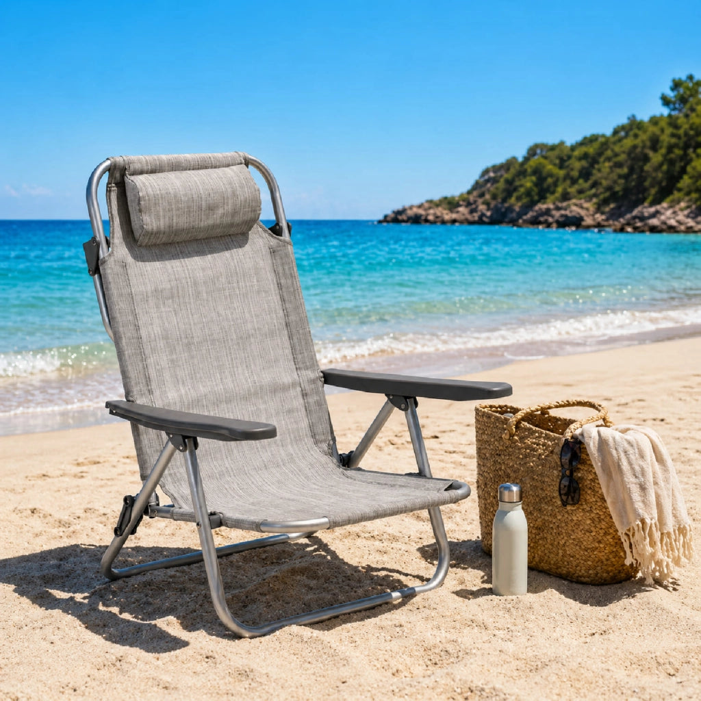 Spiaggina Reclinabile Da Mare Con Poggiatesta Imbottito Sedia Pieghevole Trasformabile In Lettino Per Campeggio Spiaggia Relax Outdoor 48.5 x 60 x 80 Cm Grigio