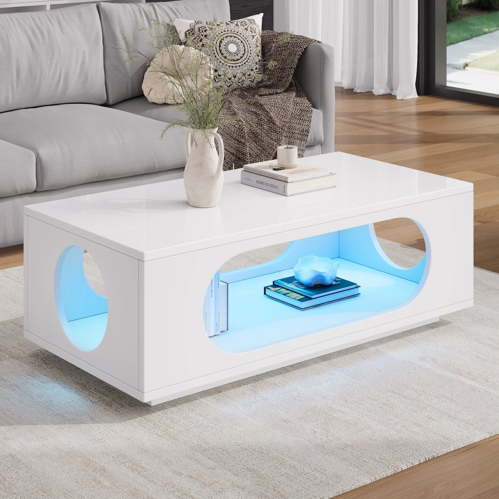 Tavolino lucido, illuminazione a LED, 100 x 50 x 35 cm, in MDF, con design traforato, bianco