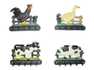 GANCI APPENDITUTTO IN GHISA DECORATI  in set da pz.4 decoro: gallo, maiale, mucca, oca    XTRA