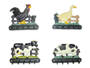 GANCI APPENDITUTTO IN GHISA DECORATI  in set da pz.4 decoro: gallo, maiale, mucca, oca    XTRA