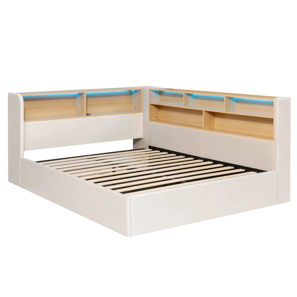 Letto da giorno imbottito 140x190 cm con contenitore idraulico, velluto beige, LED, porte USB e ripiani laterali
