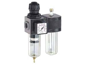 GRUPPO FILTRO REGOLATORE DI PRESSIONE E LUBRIFICATORE MODULARE  attacco 3/8F mm.146x63x238h. art.E/22/2    ANI