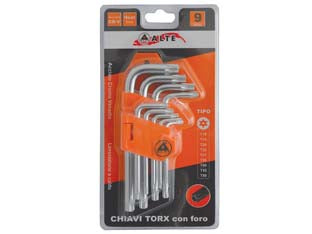 CHIAVI MASCHIO TORX CON FORO TIPO CORTO CROMO VANADIO IN SERIE 9 PEZZI - 1 blister ALTE
