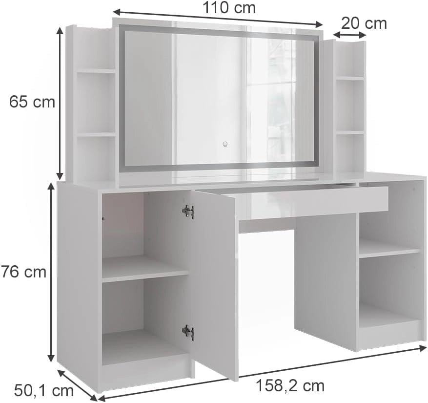 Tavolo da toeletta Sherry, Bianco/bianco lucido, 158.2 cm 4 parti, con illuminazione LED e specchio regolabile in altezza