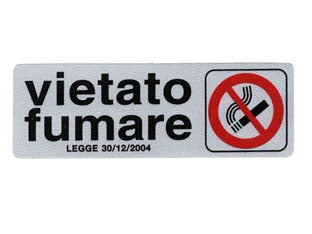 TARGHETTA ADESIVA VIETATO FUMARE CON NORMATIVA- - cm.15x5h. - 10 pezzi