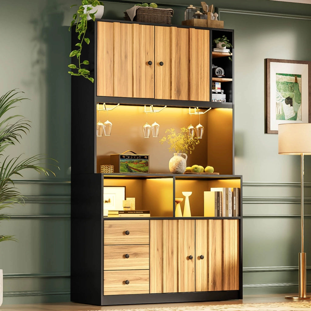 Credenza da cucina con 3 porta calici; presa; LED rgb e vetrina per cucina e sala da pranzo; 100 × 40 × 180 cm