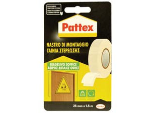 PATTEX NASTRO BIADESIVO SOFFICE- - mm.25h in rotoli da mt.1,5 - 12 pezzi HENKEL