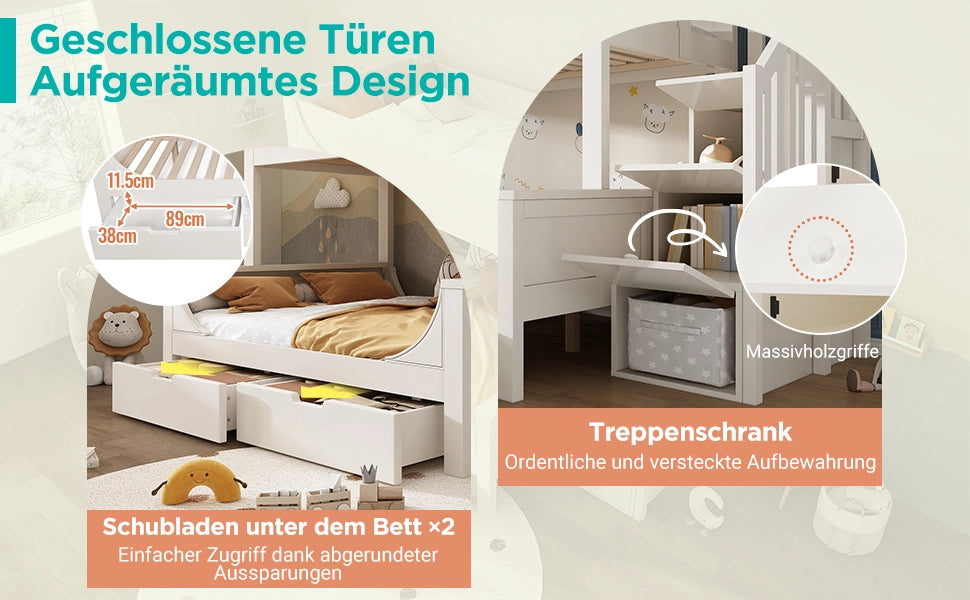 Letto a Castello con Schrank e Cassetti ¨C MINIMAL ¨C Legno Bianco 90x200 / 140x200