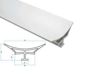 PROFILO RACCORDO IGIENICO RIGIDO CON LATERALI MORBIDI MAGNUM BIANCO- - mm. A=65 B=31,6 C=10,5 E=9,6 H=26 - barre mt.2 - 10 pezzi