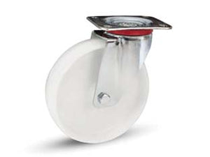 RUOTE INDUSTRIALI IN POLIAMMIDE C/PIASTRA GIREVOLE GABBIA RULLI 118BIS  ø mm.200x50 piastra mm.140x110  235h. p. Kg.300    AVO