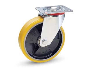 RUOTE INDUSTRIALI IN POLIURETANO NUCLEO GHISA CON PIASTRA GIREVOLE22  ø mm.100x25 piastra mm.100x85  128h. p. Kg.120    AVO