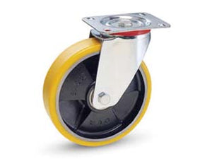 RUOTE INDUSTRIALI IN POLIURETANO NUCLEO GHISA CON PIASTRA GIREVOLE22  ø mm.200x40 piastra mm.140x110  235h. p. Kg.300    AVO