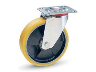 RUOTE INDUSTRIALI IN POLIURETANO NUCLEO GHISA C/PIASTRA GIREVOLE22SE  ø mm.125x25 piastra mm.100x85  155h. p. Kg.130    AVO