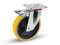 RUOTE INDUSTRIALI POLIUR. NUCLEO GHISA PIASTRA GIREVOLE FRENO 24ANT  ø mm.100x25 piastra mm.100x85  128h. p. kg.120    AVO