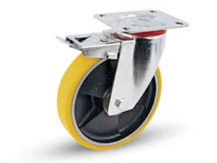 RUOTE INDUSTRIALI POLIUR.NUCLEO GHISA PIASTRA GIREVOLE FRENO 24SEANT  ø mm.125x25 piastra mm.115x85  155h. p. Kg.130    AVO