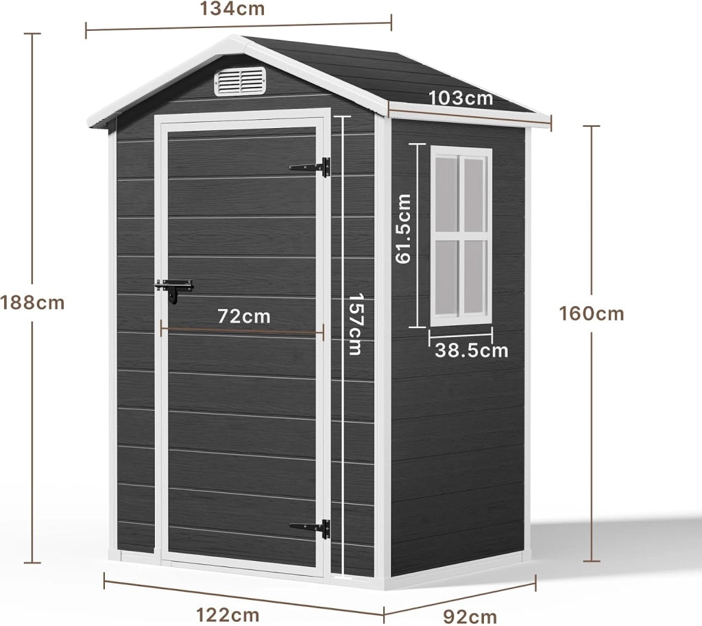 Casetta da Giardino in Resina, Capanno Porta Attrezzi Intemperie con Finestra e Ventilazione, Box Stoccaggio con Serratura per Attrezzi da Giardino, 122 x 92 x 187 cm (Nero)