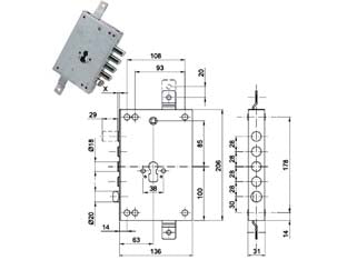 SERRATURA TRIPLICE APPLICARE CON SCROCCO CIL. EUR. BLINDATE 50128  mm.63, interasse catenacci mm.28    CIPIERRE