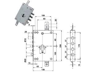 SERRATURA TRIPLICE APPLICARE CON SCROCCO CIL. EUR. BLINDATE 50137  mm.63, interasse catenacci mm.37    CIPIERRE