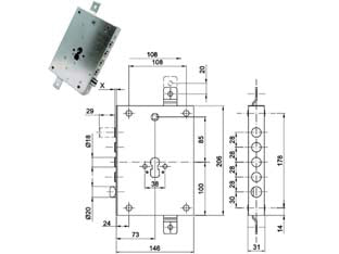SERRATURA TRIPLICE APPLICARE CON SCROCCO CIL. EUR. BLINDATE 70128  mm.73, interasse catenacci mm.28    CIPIERRE
