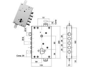 SERRATURA TRIPLICE APPLICARE CON SCROCCO CIL. EUR. BLINDATE CS128  mm.64, interasse catenacci mm.28    CIPIERRE
