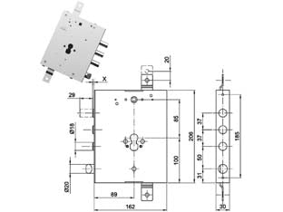 SERRATURA TRIPLICE APPLICARE CON SCROCCO CIL. EUR. BLINDATE GA137  mm.89, interasse catenacci mm.37    CIPIERRE